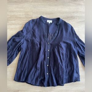 Johnny Was Jade Blue Eyelet Button Front Blouse Top Shirt Silk Cotton SZ Large